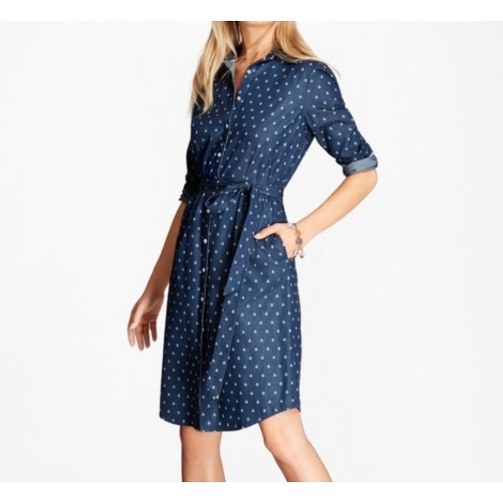 Brooks Brothers Red Fleece Shirt Dress Womens 6 Blue Anchor Print Denim Belted